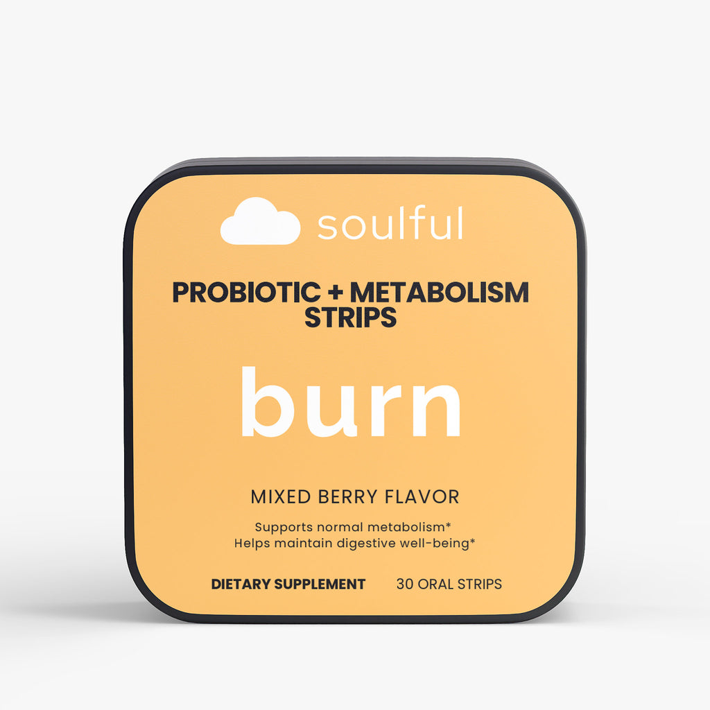 Packaging of soulful Probiotic + Metabolism Strips with 'burn' flavor on a white background