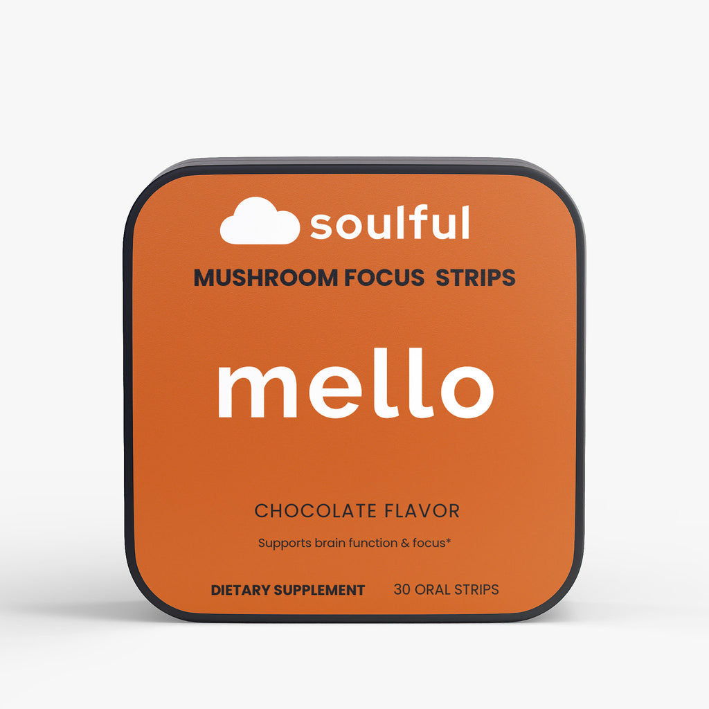 Soulful mello mushroom focus strips packaging on a white background