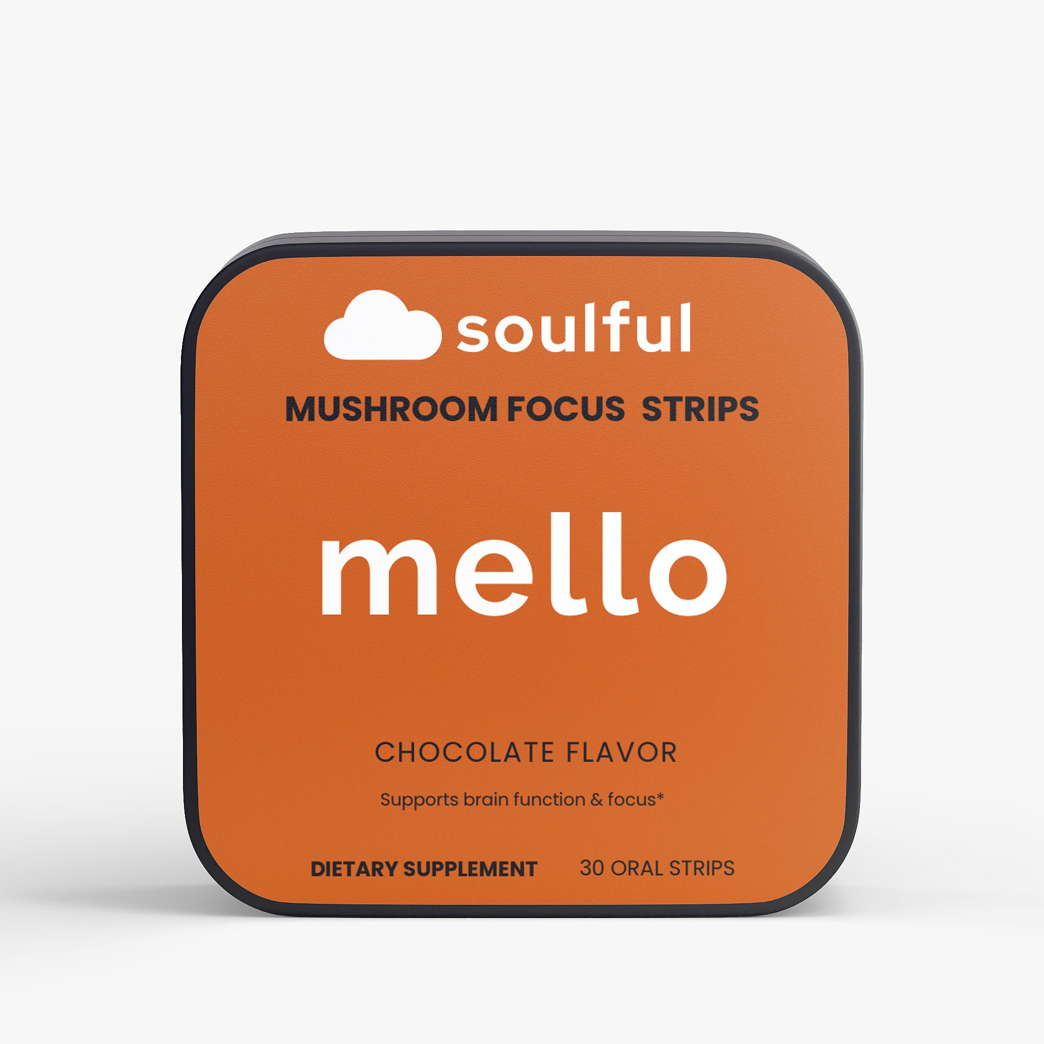 Soulful mello mushroom focus strips packaging on a white background