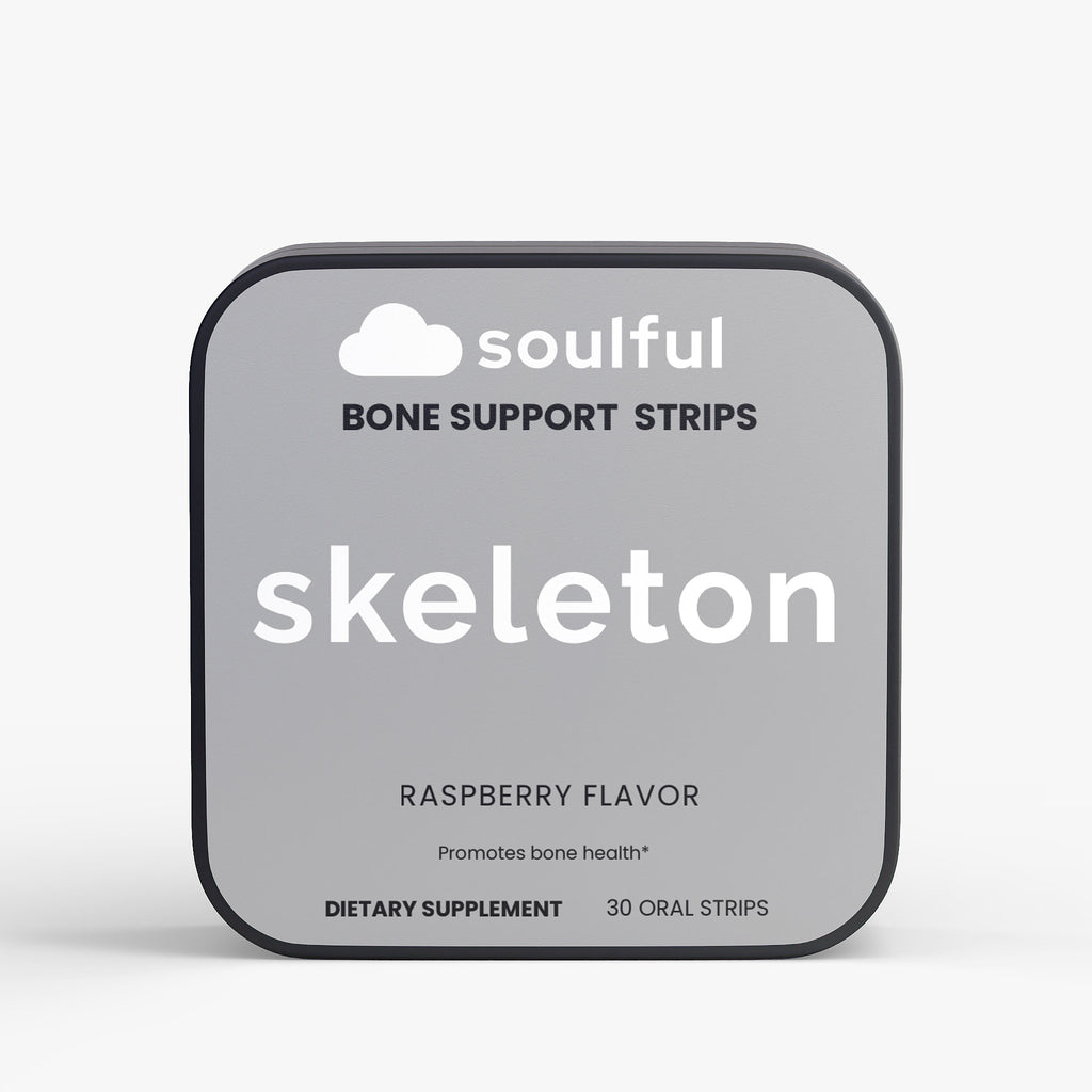 Soulful Bone Support Strips packaging for skeleton on a white background