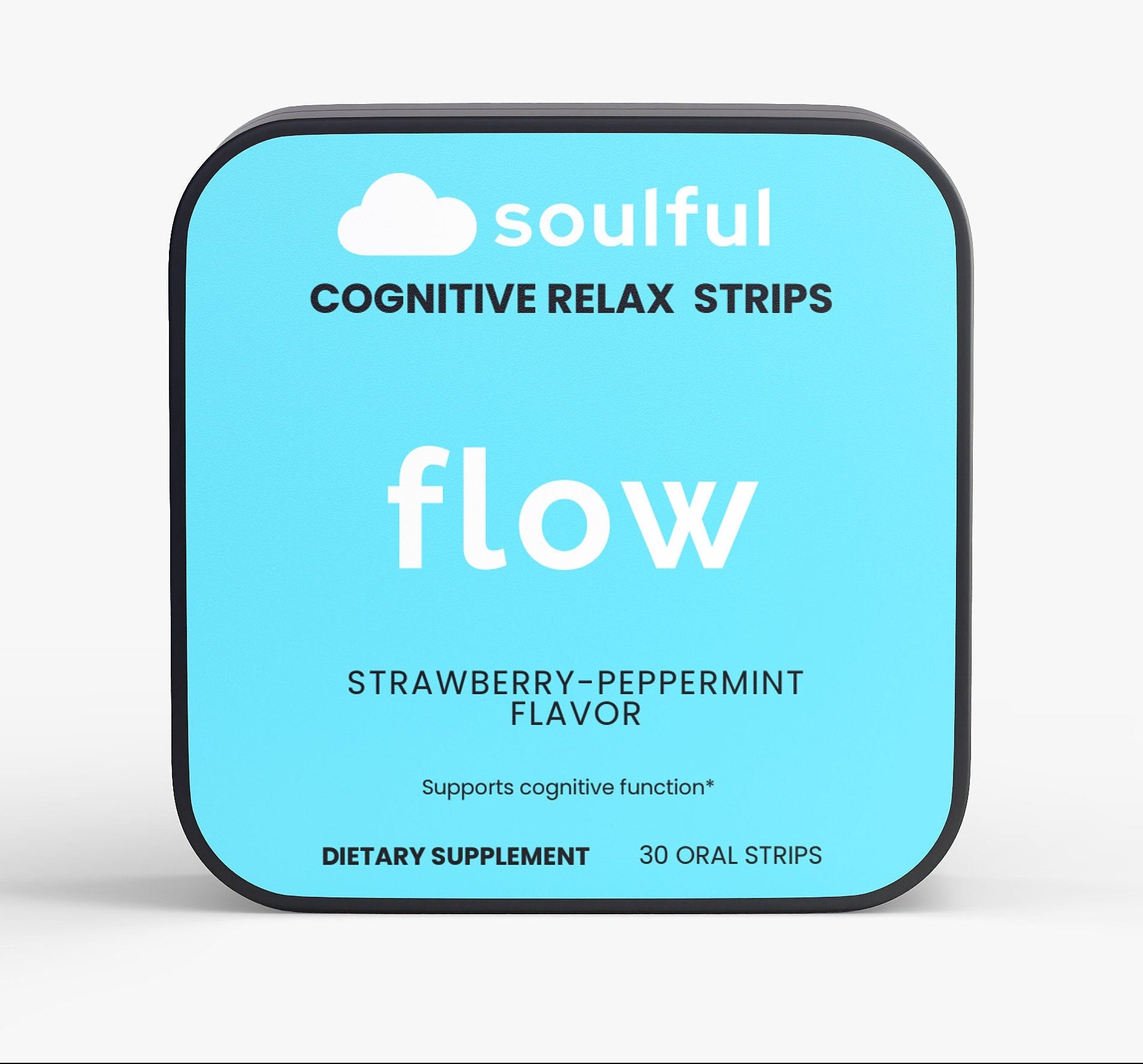 Packaging of soulful Cognitive Relax Strips with 'flow' on a light blue background