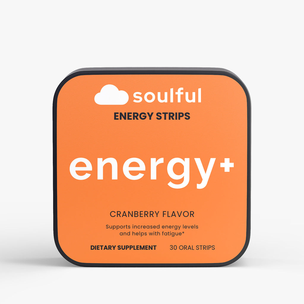 Soulful Energy Strips packaging with orange background and black border.