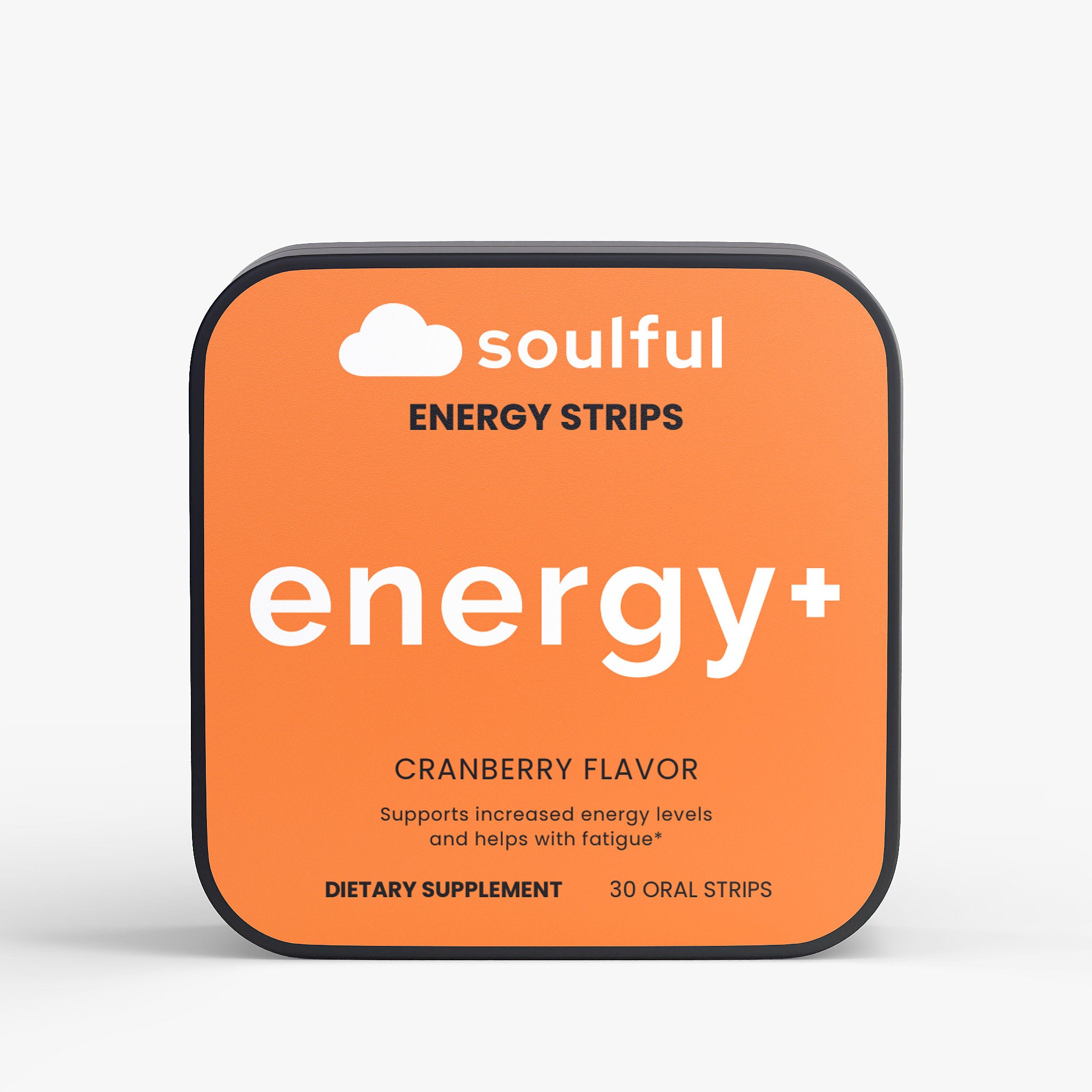 Soulful Energy Strips packaging with orange background and black border.