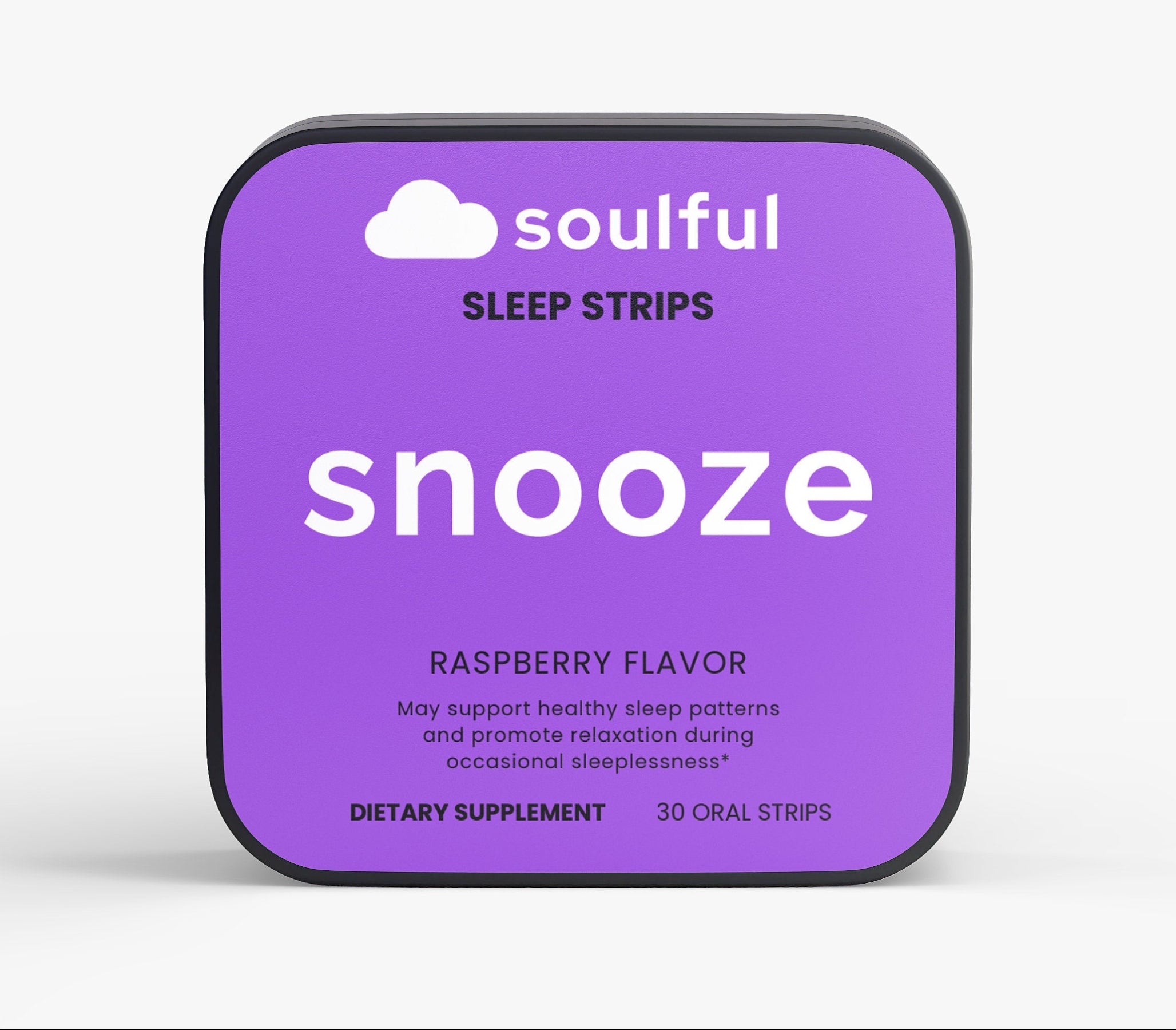 Purple packaging of soulful sleep strips with 'snooze' text on a white background